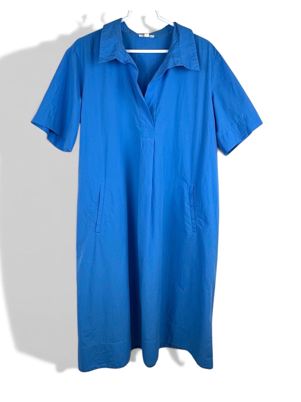 Eileen Fisher Organic Cotton Poplin Dress Blue Pullover Pockets Size L